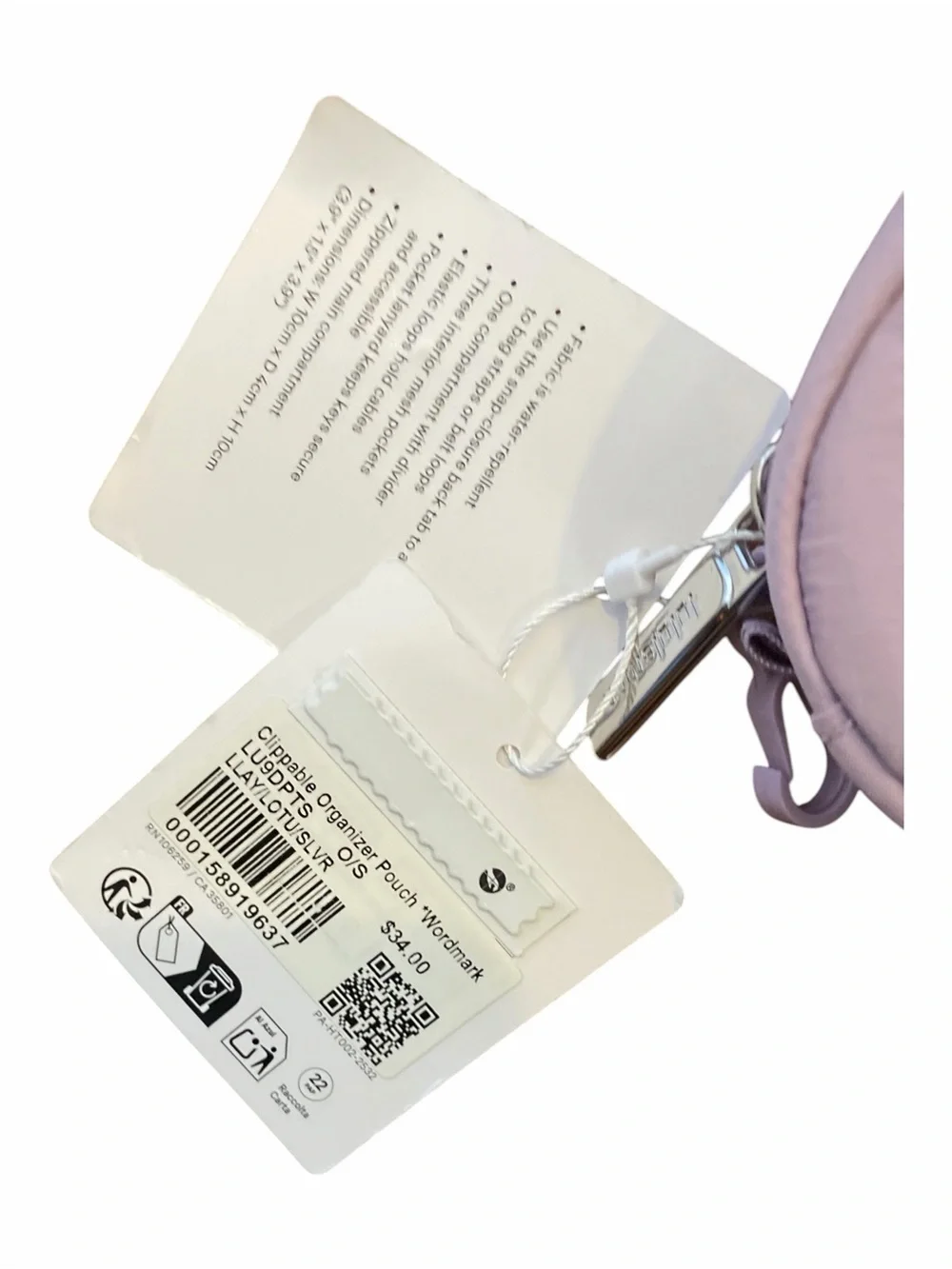 NWT Lululemon Clippable Organizer Pouch Wordmark LILAC PLAY/SILVER